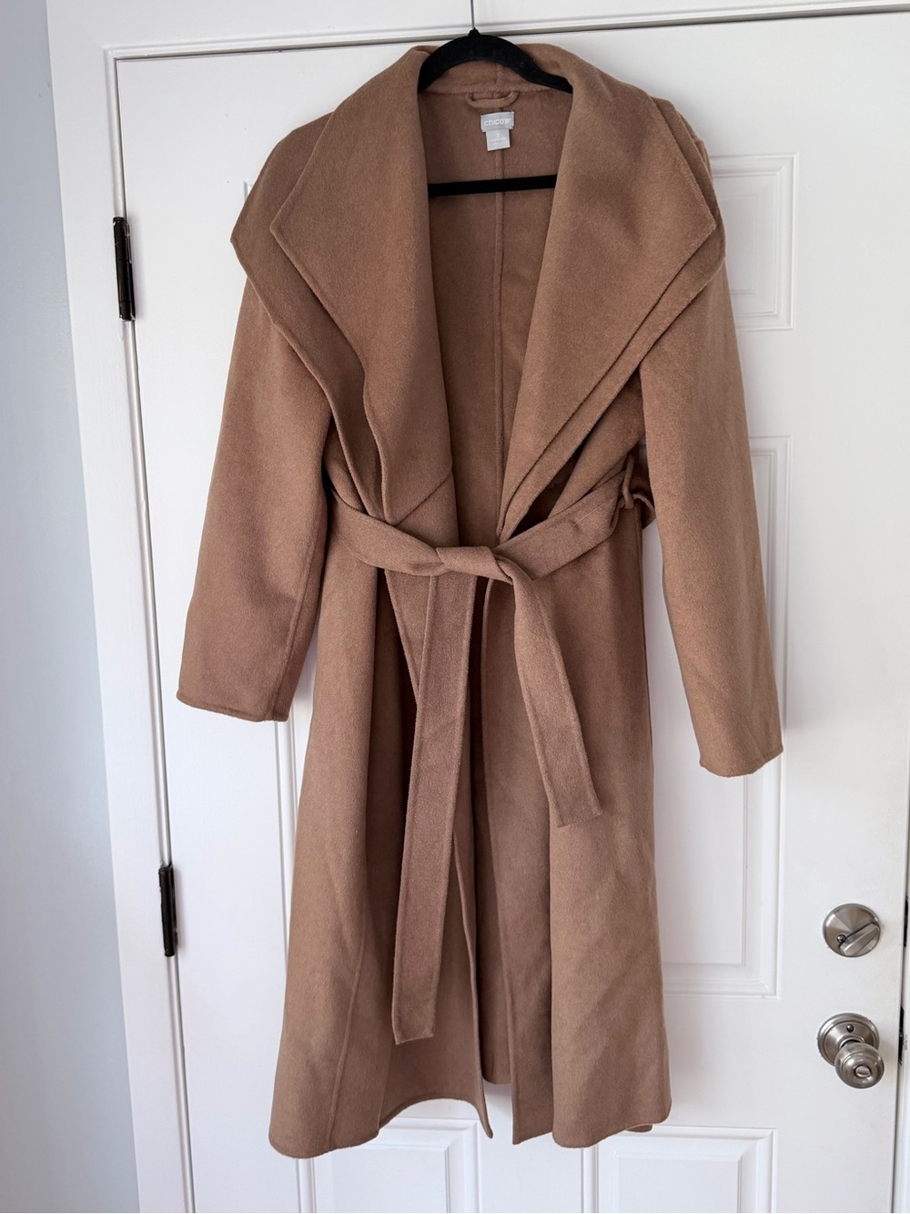 Chico’s size 3 us 16 18 camel tan open front wool coat with belt double collar
